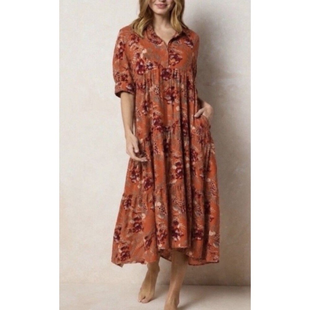 Natural Life Rebecca Midi Dress Orange Multi Floral Boho Medium New